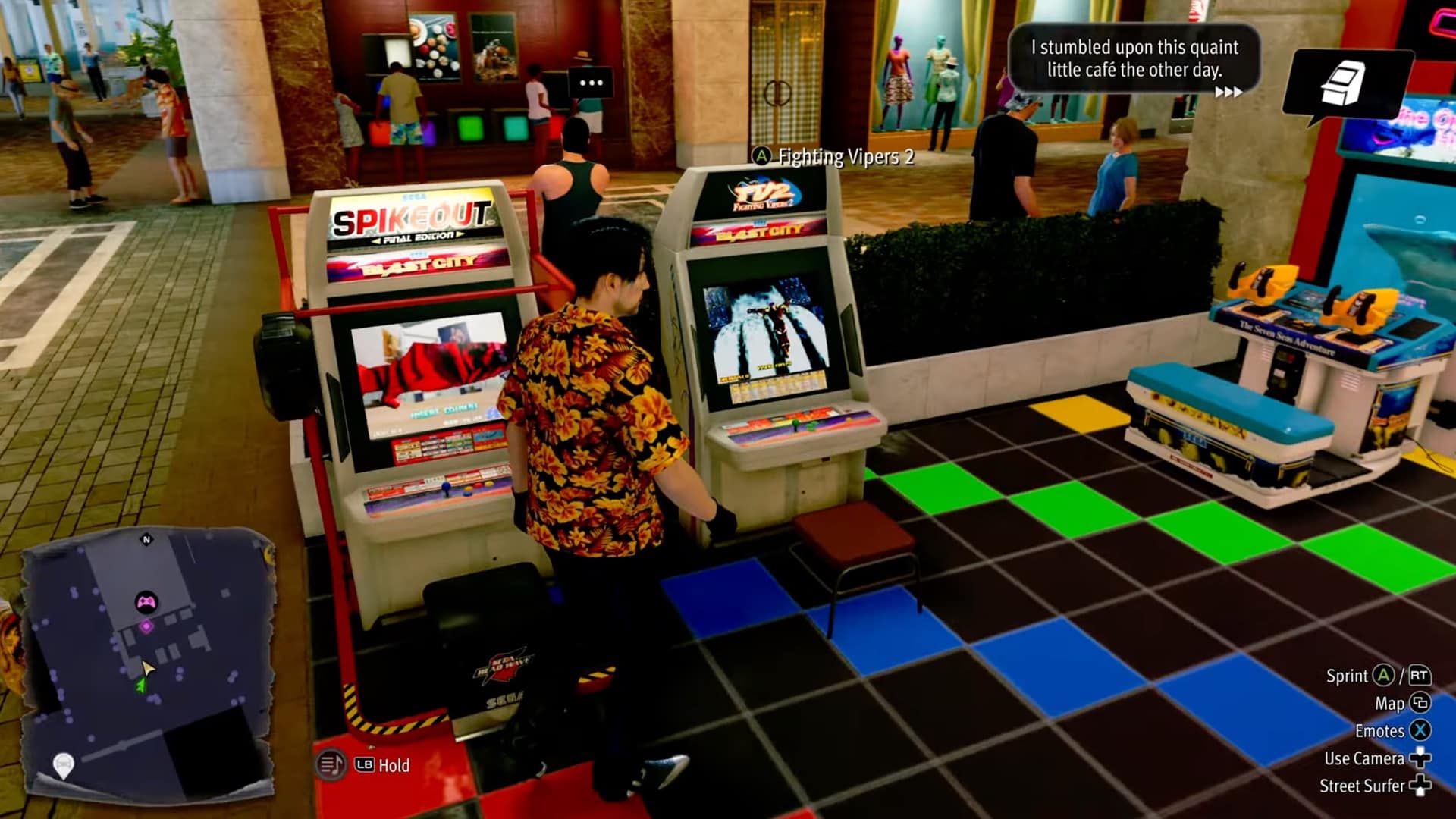 A person in a colorful shirt plays a retro arcade game in a lively game center with bright, multicolored floor tiles  in Yakuza Kiwami 3