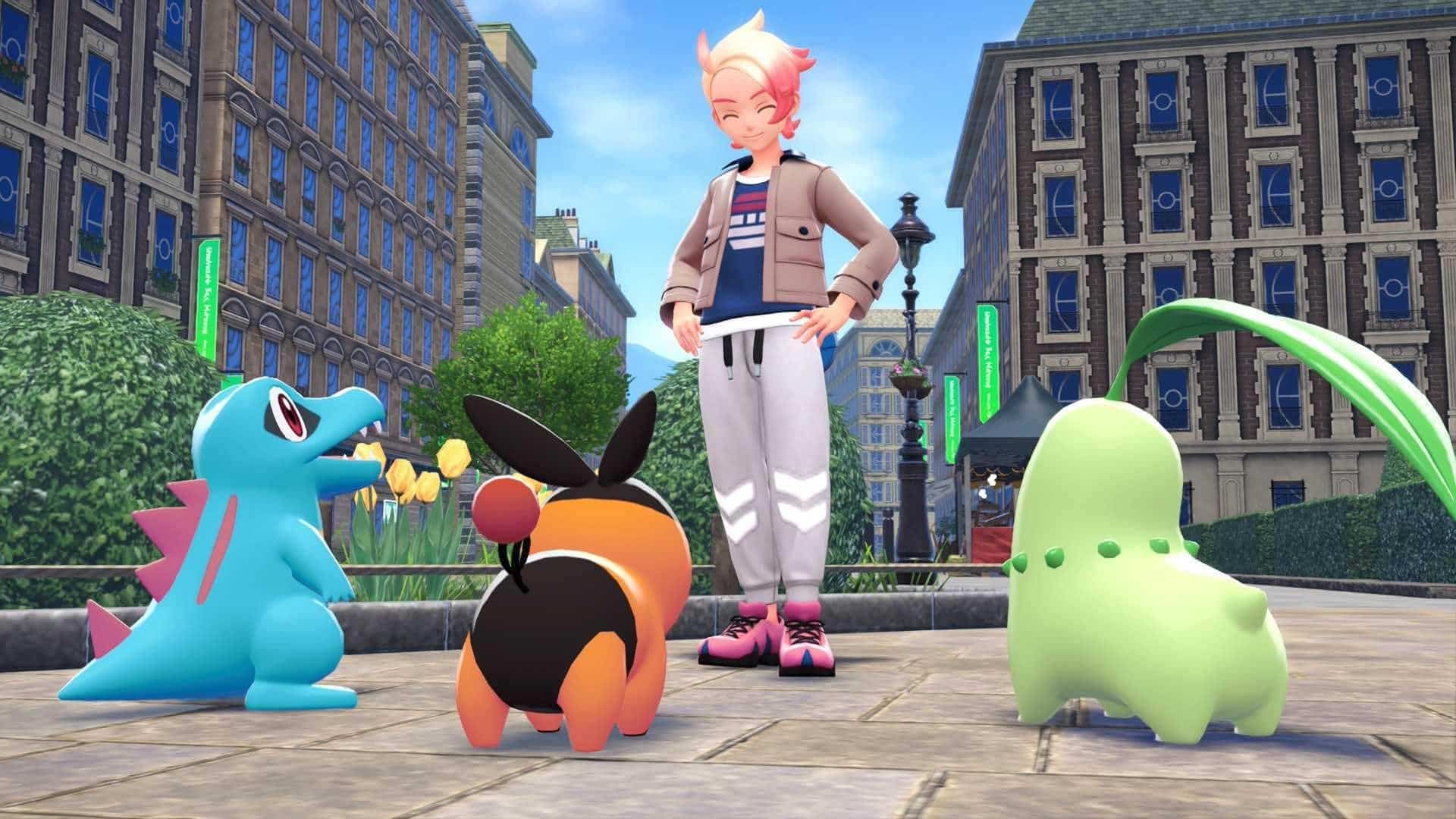 Trainer with starter Pokémon in Lumiose City in Pokémon Legends Z-A