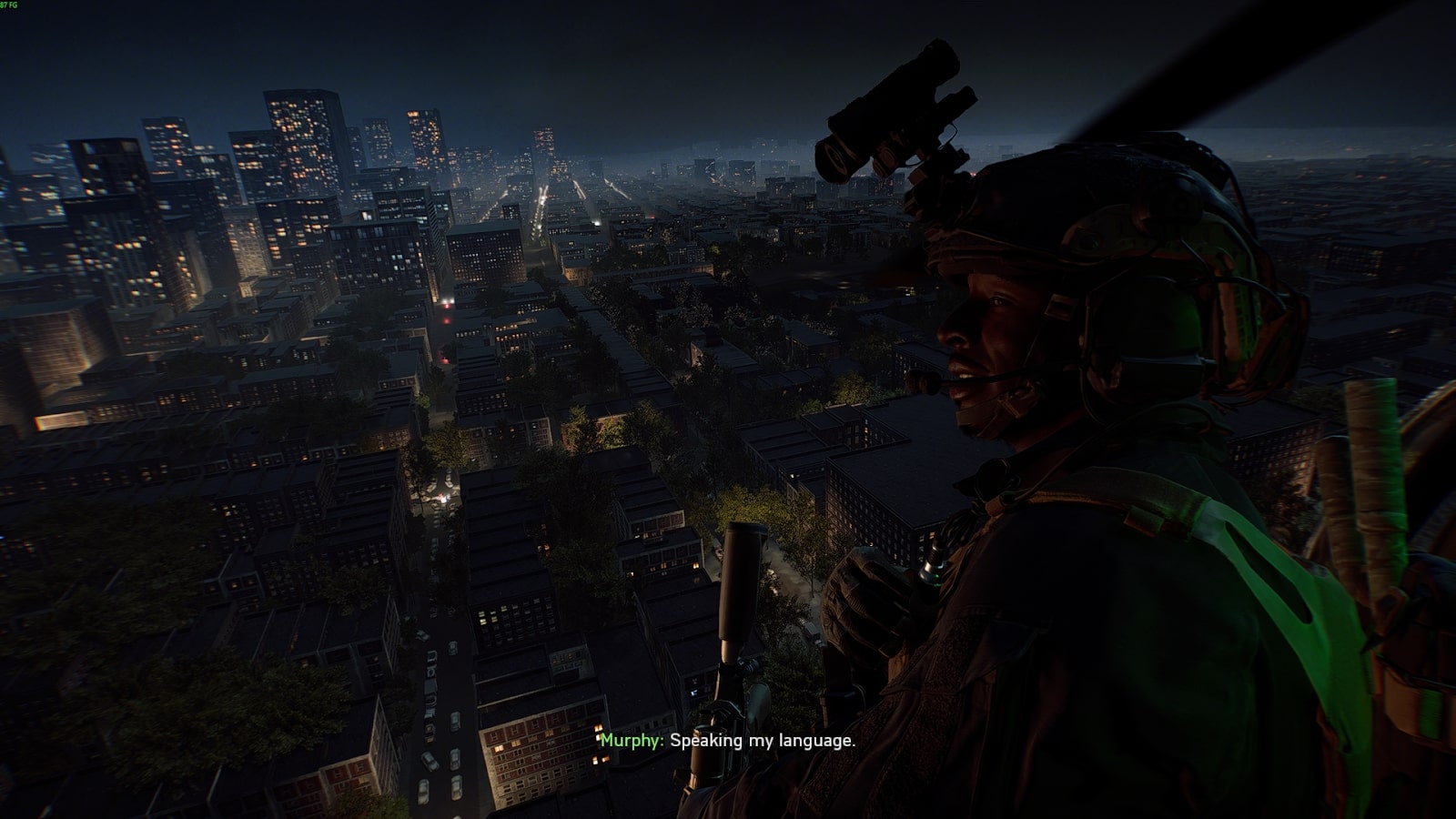 Soldier overlooking a cityscape from a helicopter at night during a Battlefield 6 operation