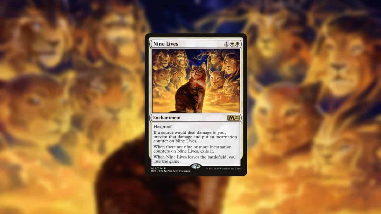 A Nine Lives MTG card featuring a cat surrounded by lions. Image captured by VideoGamer.