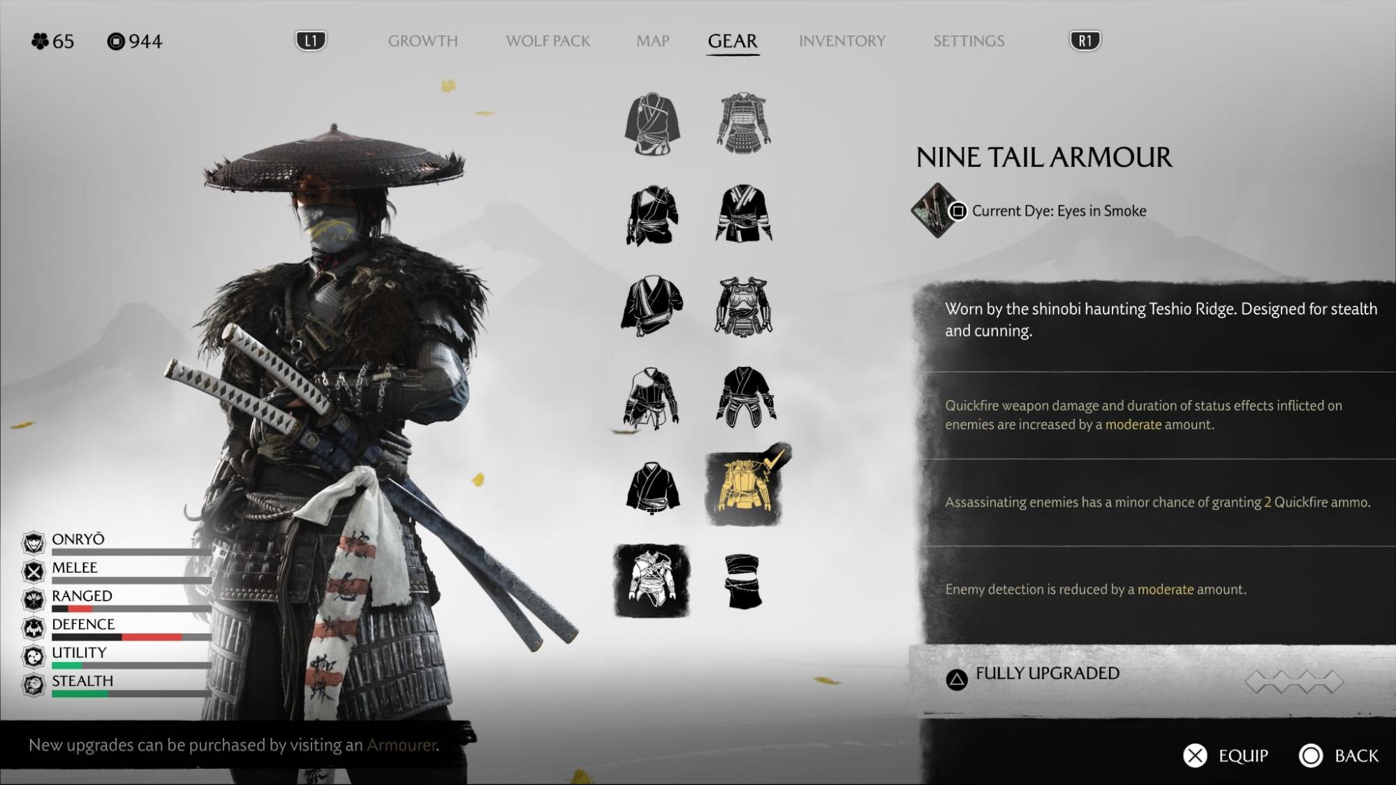 Player inspecting the fully upgraded Nine Tail Armor for stealth in Ghost of Yotei