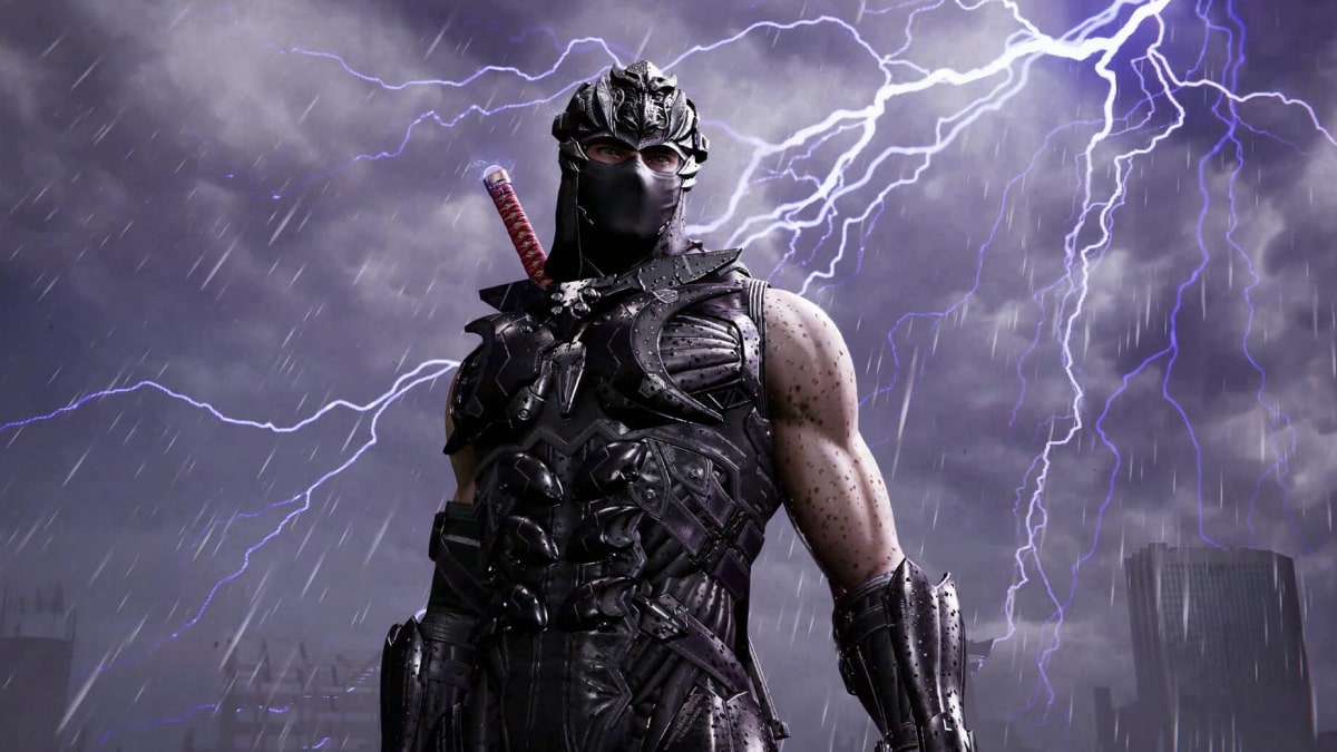Ryu Hayabusa stands under stormy skies as lightning flashes behind him in Ninja Gaiden 4