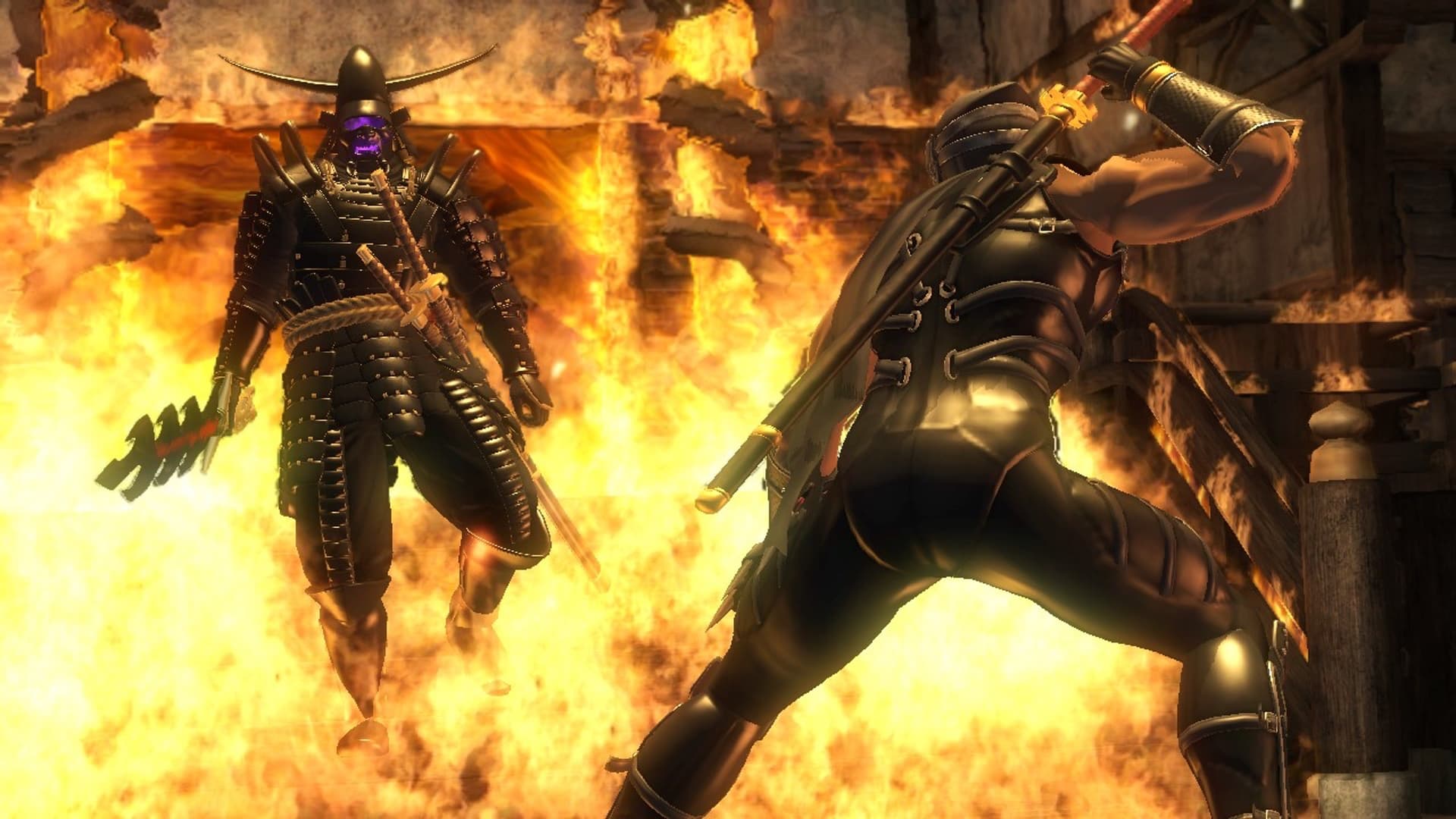 A ninja and samurai face off amid intense flames. The ninja grips a sword. The samurai is armored, with a glowing purple face, exuding tension