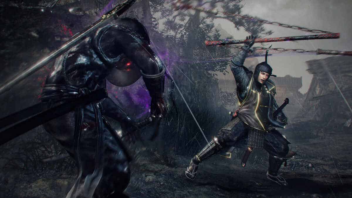 Two armored warriors engage in a dramatic sword fight in Nioh 2