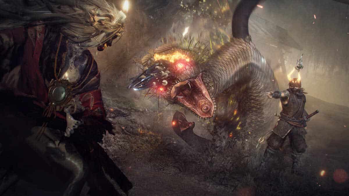 A snake-like monster with glowing red eyes in Nioh 2
