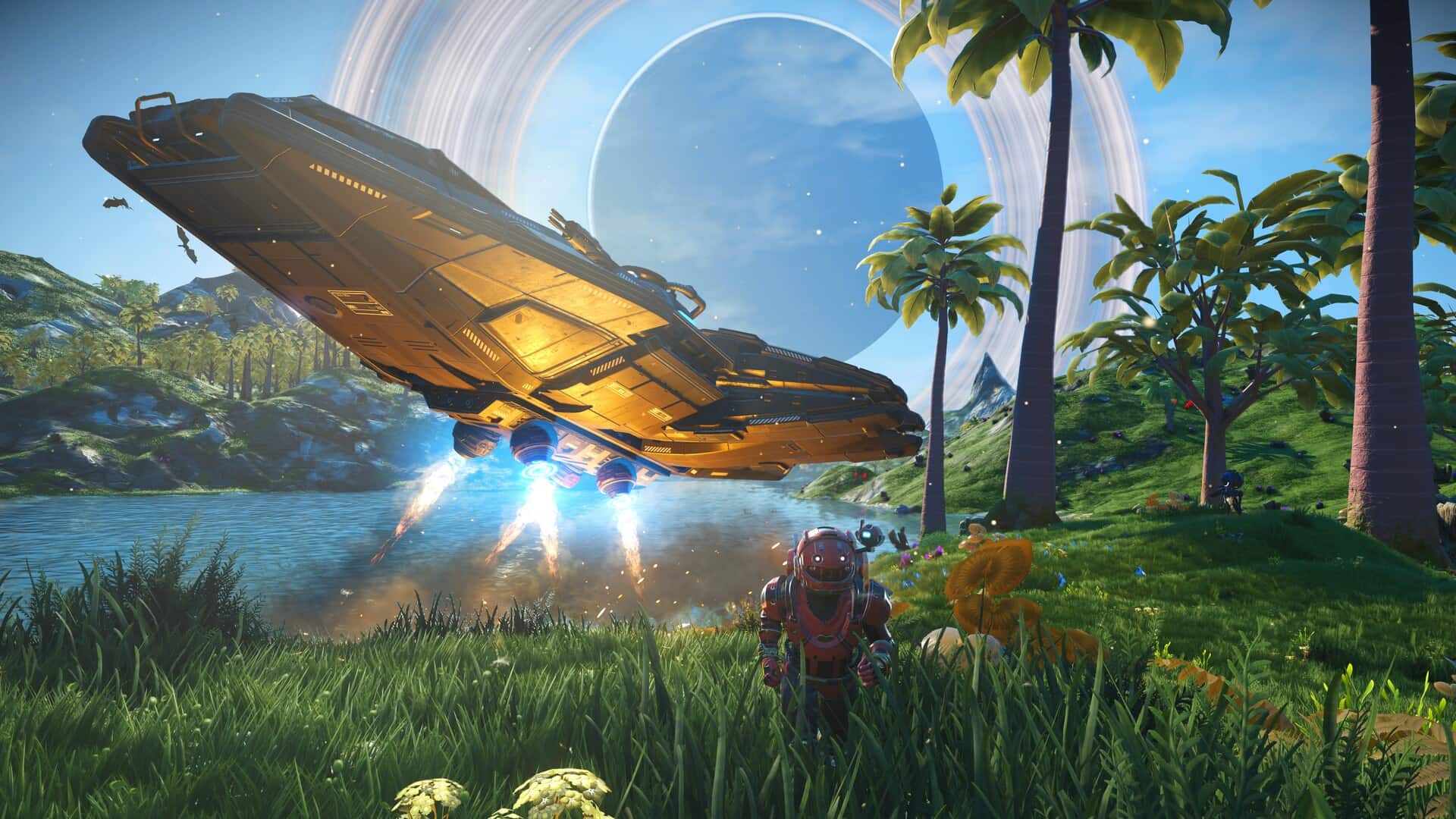 Spaceship taking off near a lake and explorer in No Man’s Sky’s vibrant alien world