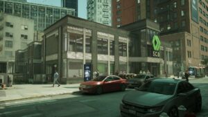 A street scene with cars parked in front of a building showcasing the upcoming game "Payday 3