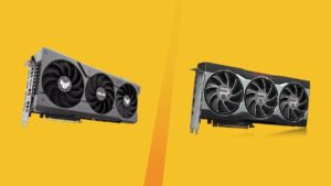 RTX 4070 founders edition and rx 6800 xt against a yellow background