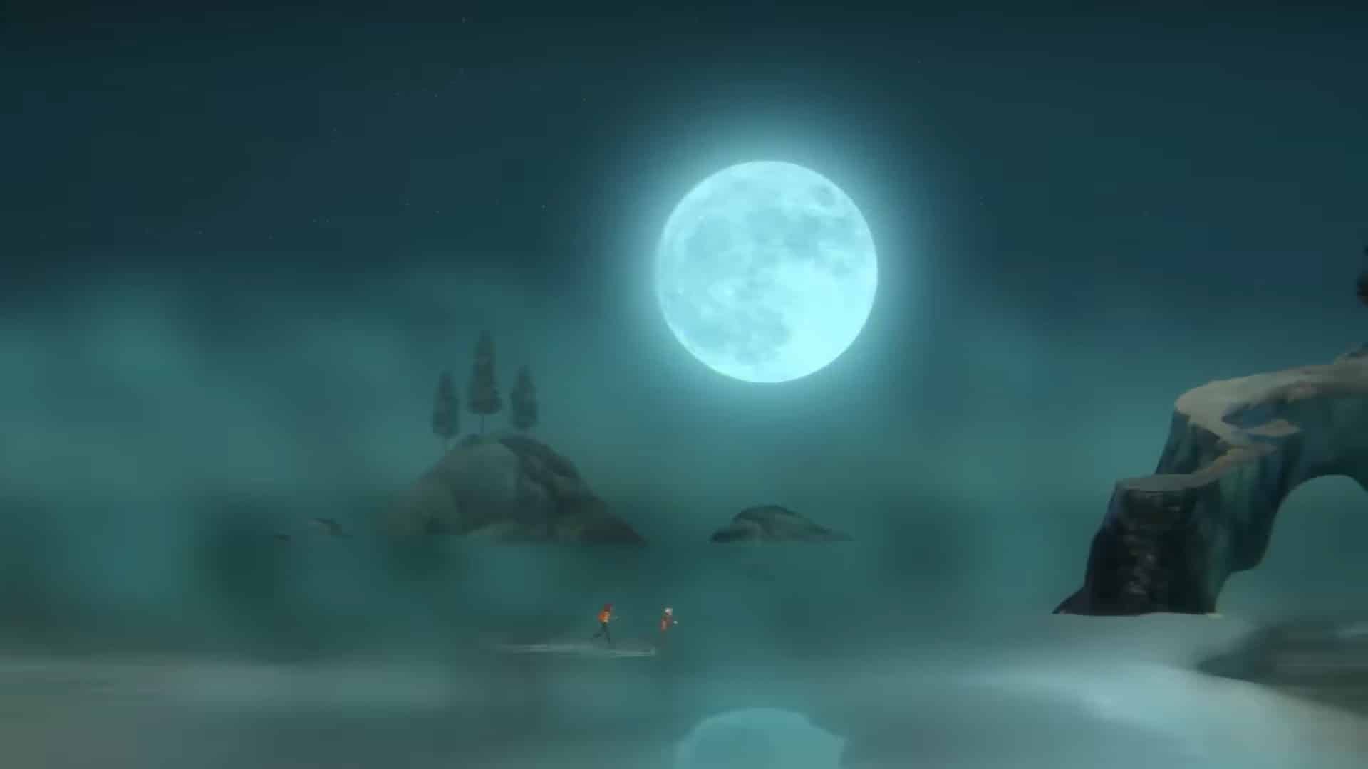 Oxenfree 2 cast and voice actor: Riley and Jacob walking across some water. A large full moon hangs in the sky