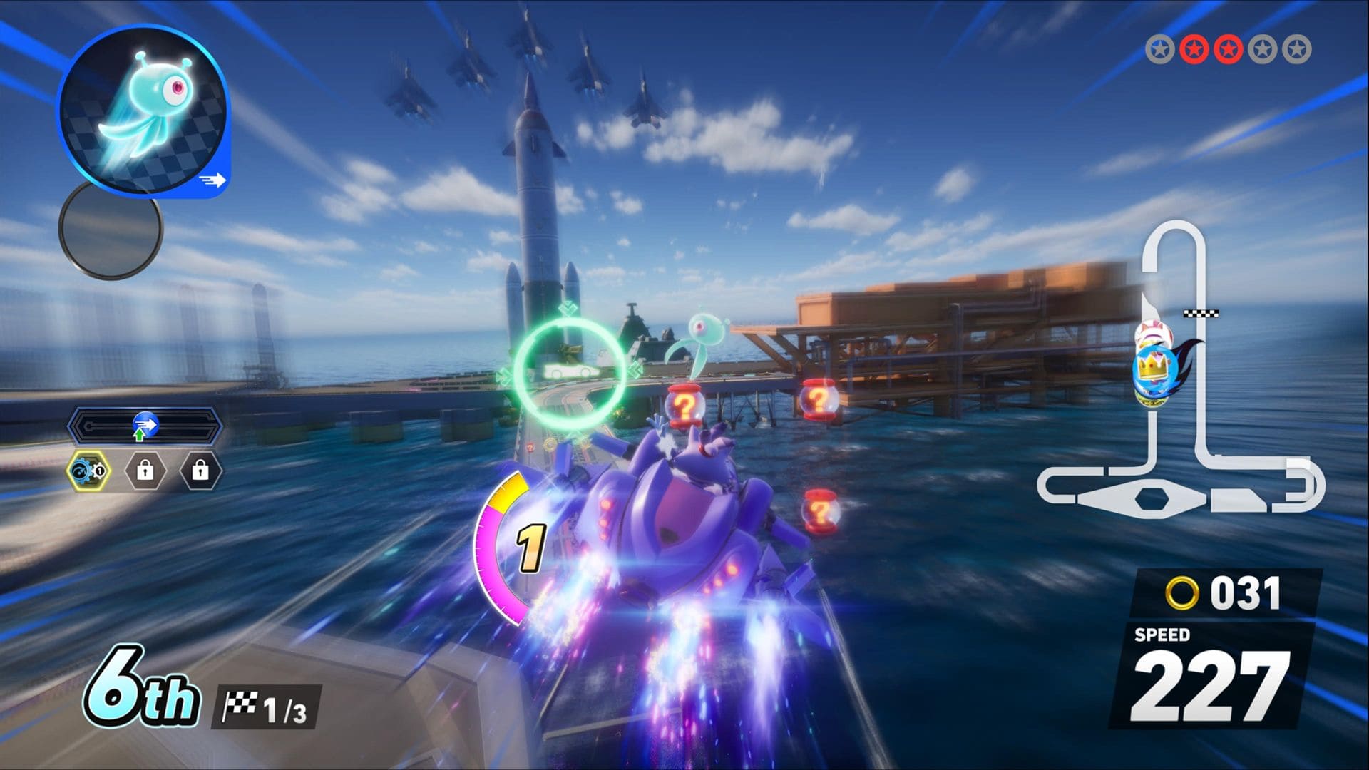 High-speed race over water in Sonic Racing CrossWorlds with rockets and jets overhead