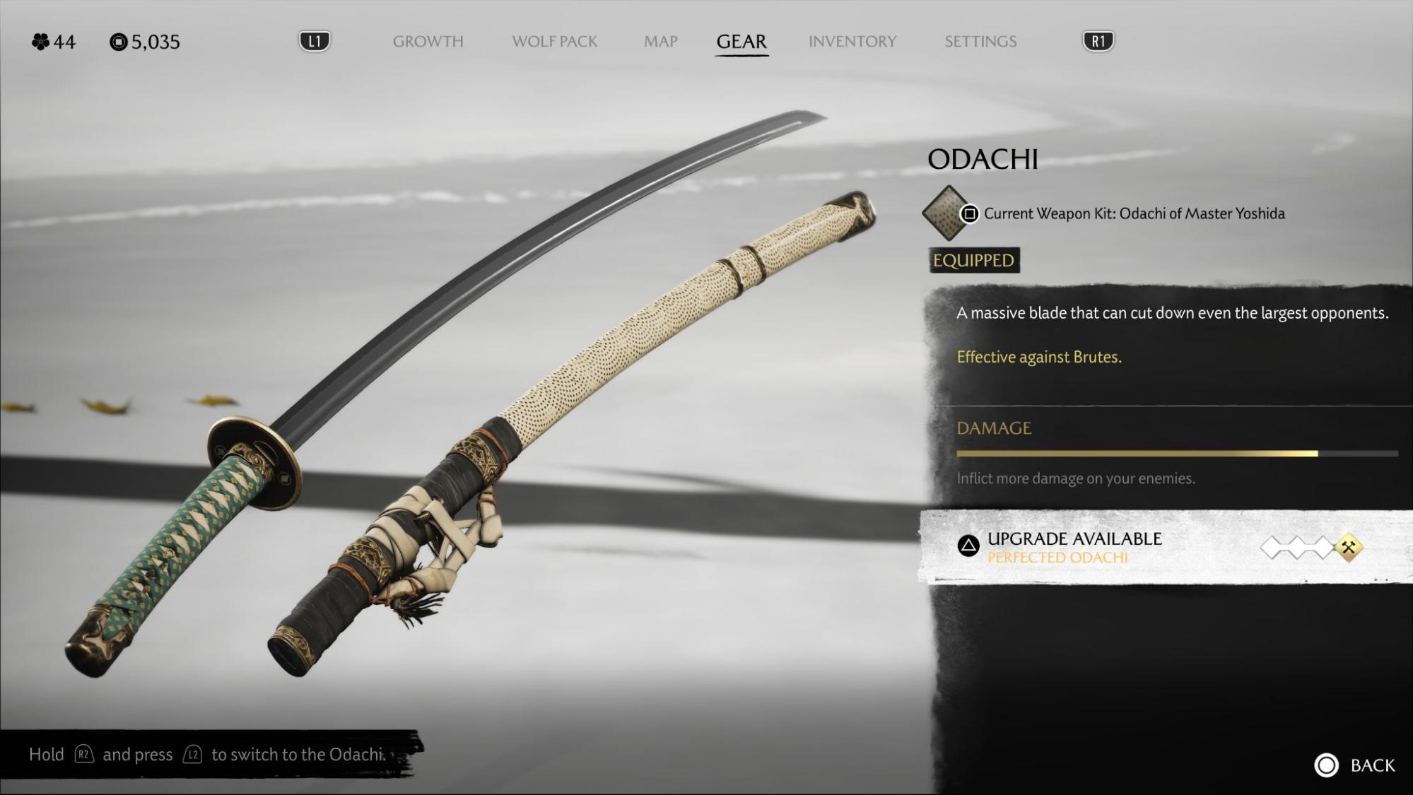 Odachi upgrade screen in Ghost of Yotei showing damage stats and available upgrade