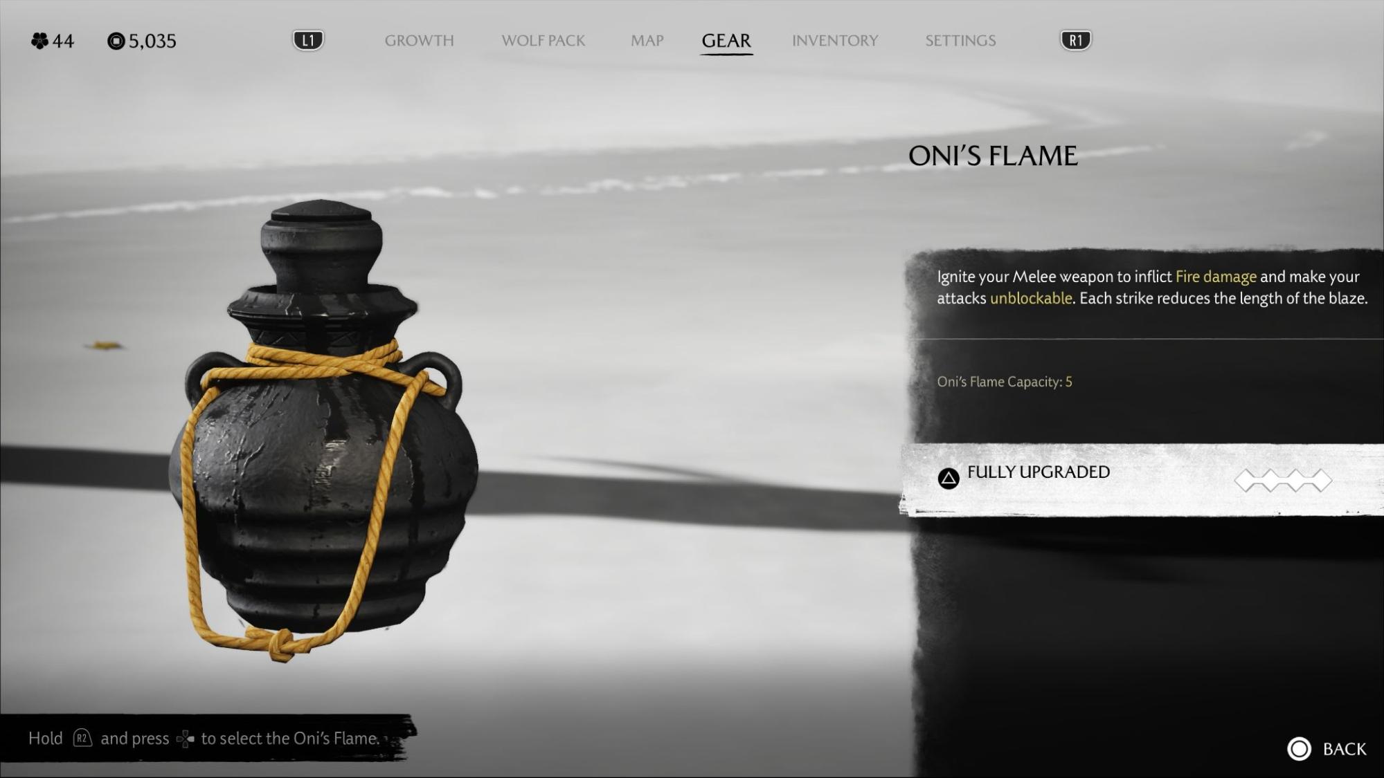 Oni’s Flame upgrade screen in Ghost of Yotei showing fire weapon capacity