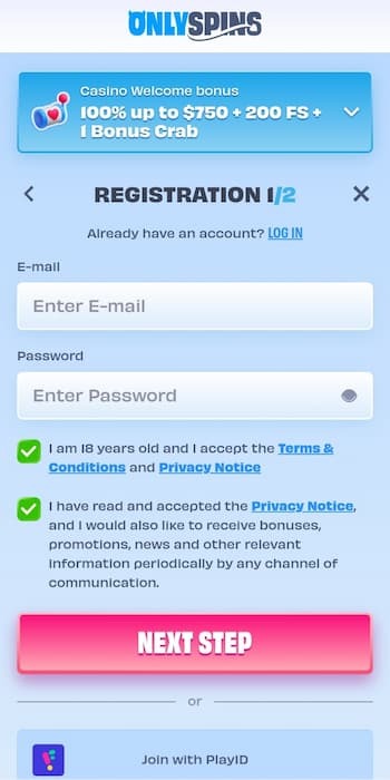 Shot depicting the first step of two of the registration process at OnlySpins casino.