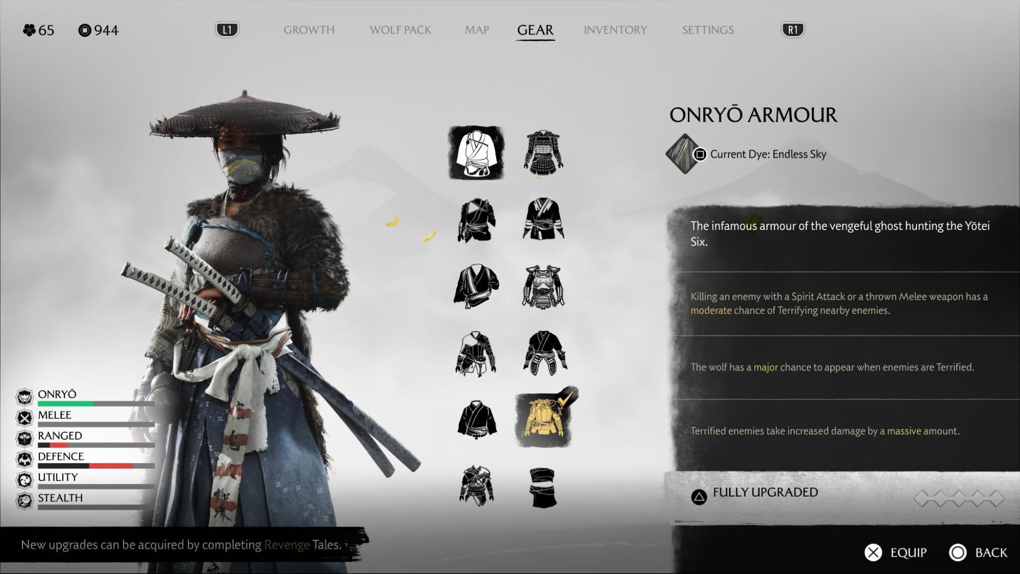 Player displaying the fully upgraded Onryo Armor with spirit attack bonuses in Ghost of Yotei