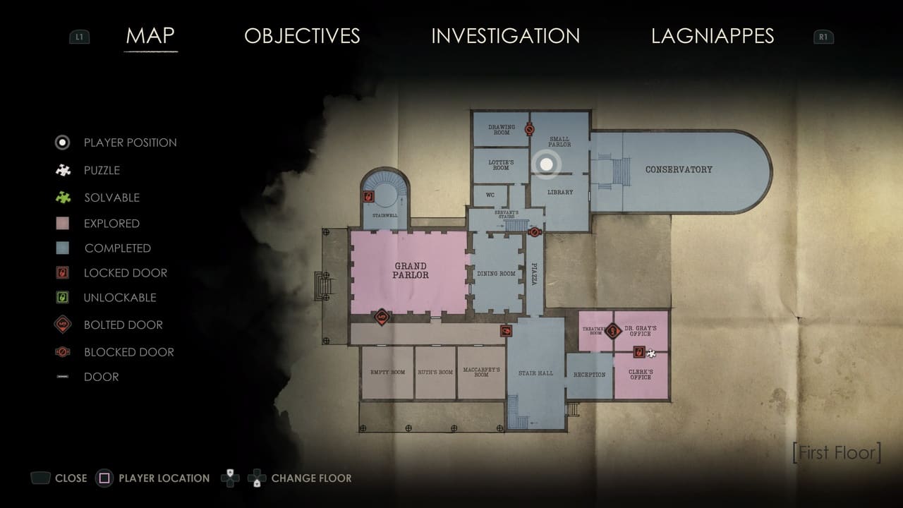 A digital map from the video game "Alone in the Dark: Lagniappe" displaying various rooms, player's position, and points of interest such as puzzles and locked doors.