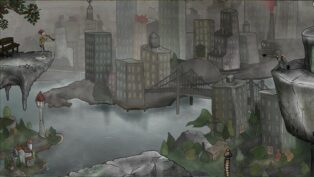 A screenshot of a game with a city and a river.