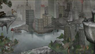 A screenshot of a game with a city and a river.