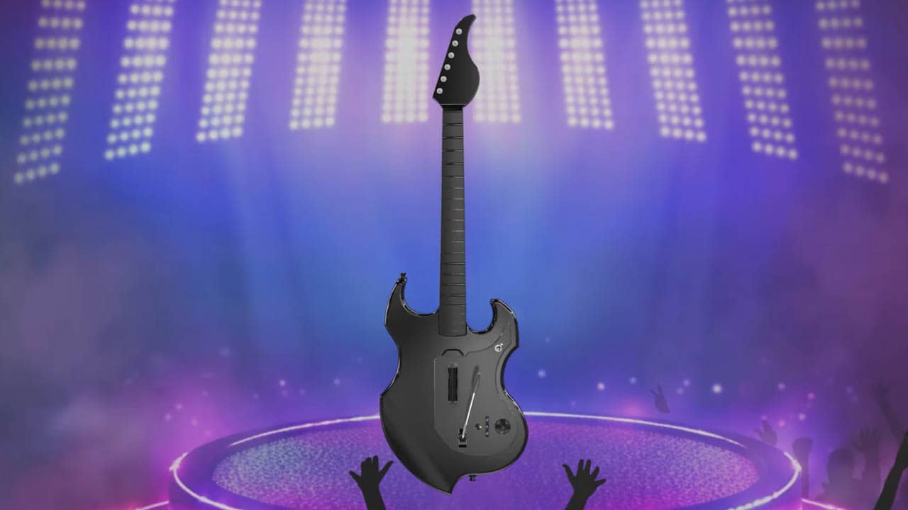 A black electric guitar on a stage in front of a crowd at the Fortnite Festival.