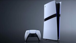 An image of the PS5 Pro in a grey and black background