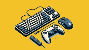 A gaming keyboard and controller designed with PS5 games support on a vibrant yellow background.