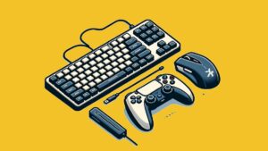 A gaming keyboard and controller designed with PS5 games support on a vibrant yellow background.