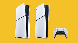 Two PlayStation 5 slim consoles on a yellow background.