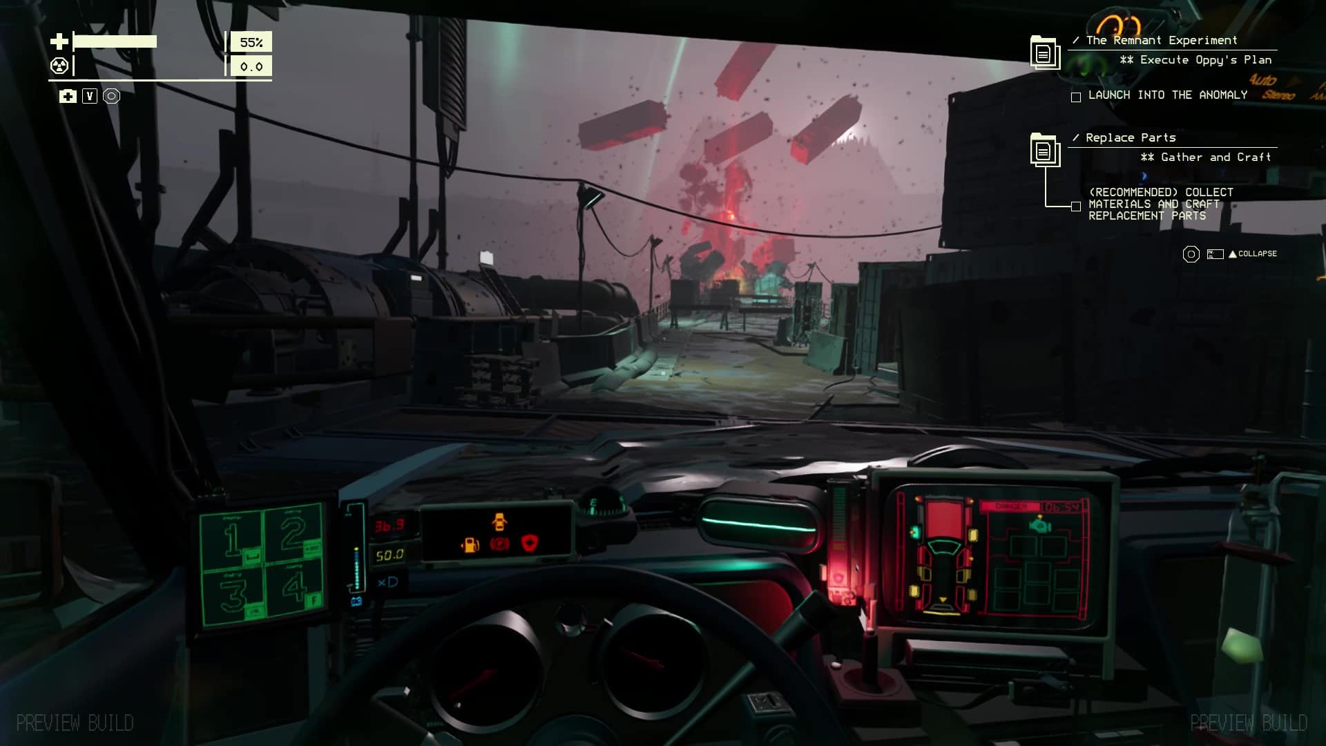 Pacific Drive preview: Driving on a bridge covered in shipping containers with debris floating in a red light in the distance.