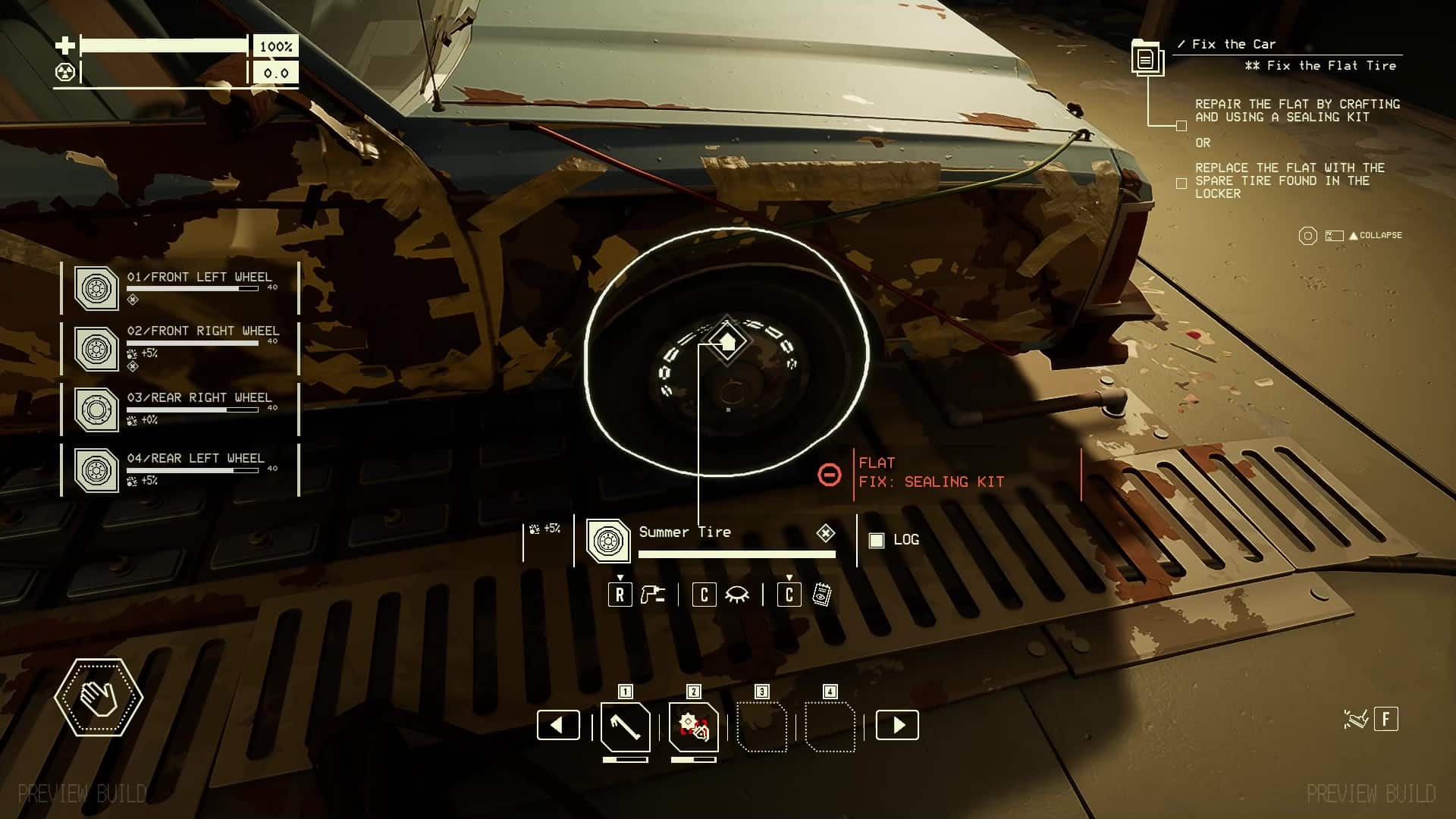 Pacific Drive preview: Replacing the wheel of a battered car.