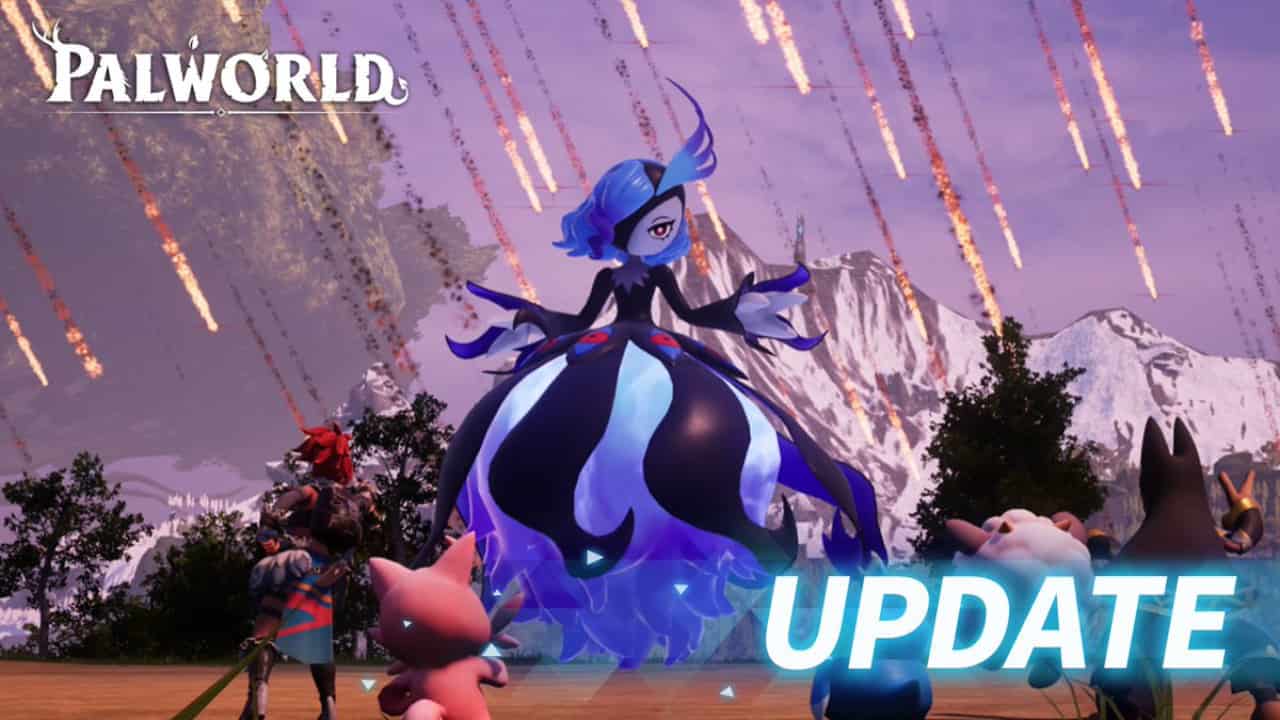 A character update in the game palworld featuring a blue-haired, mystical creature amidst a colorful battlefield.