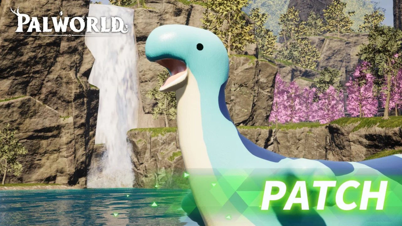 A vibrant image of a teal, dinosaur-like creature in a scenic outdoor setting with a waterfall and pink trees, featuring the word "update" at the bottom.