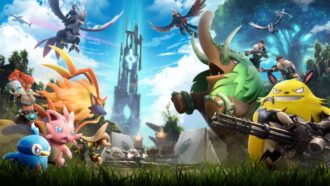 A group of pokemon characters in front of a tree.