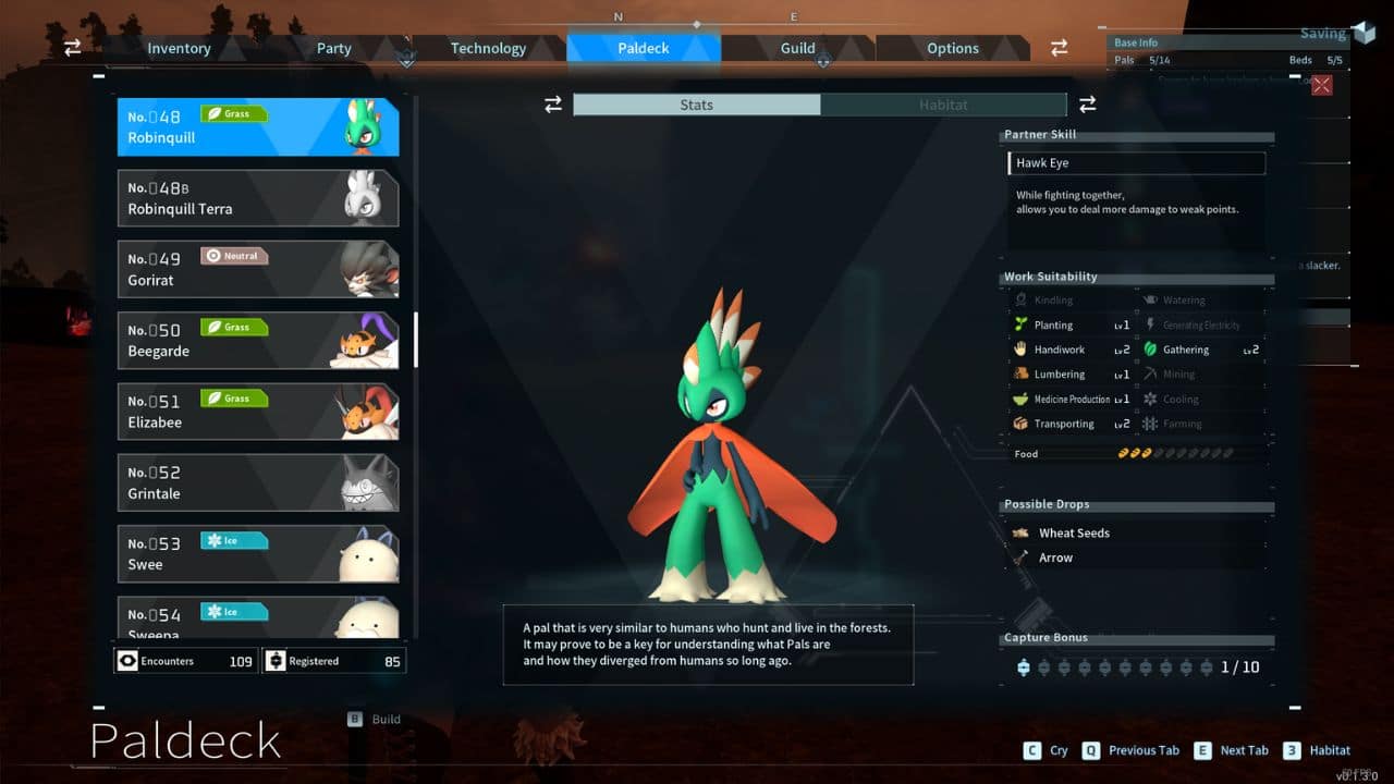 Palworld best gathering pals: Paldeck Robinquill information page