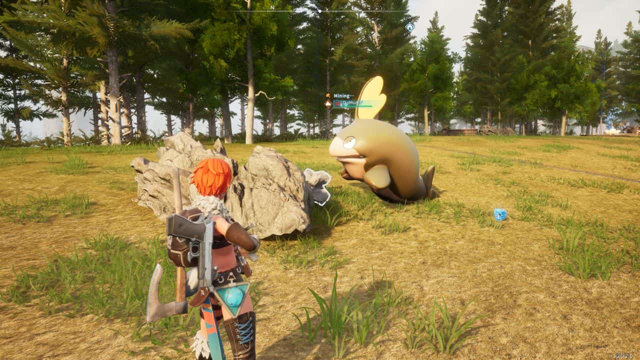 A woman is standing in a field next to her best pal.