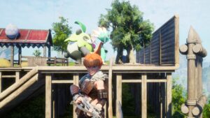 In this video game, a woman is confidently standing on a wooden platform.
