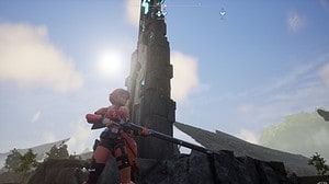In Palworld, a woman is standing in front of a tower, contemplating the frequency of boss battles and respawn rates.