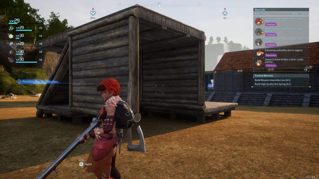A woman is standing next to a wooden building in a video game, exploring how to level up fast.