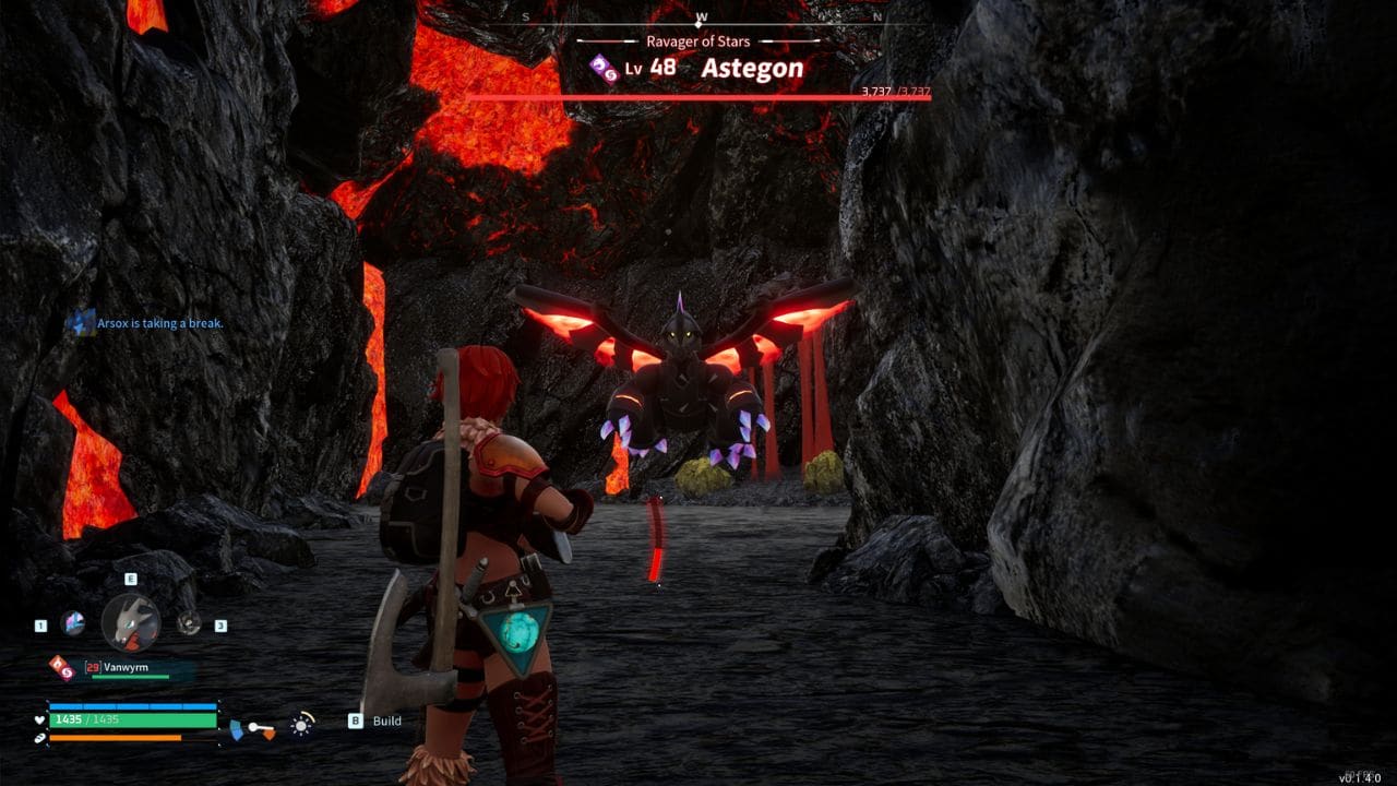 A screenshot of a character walking through a cave while trying to find and catch Astegon.