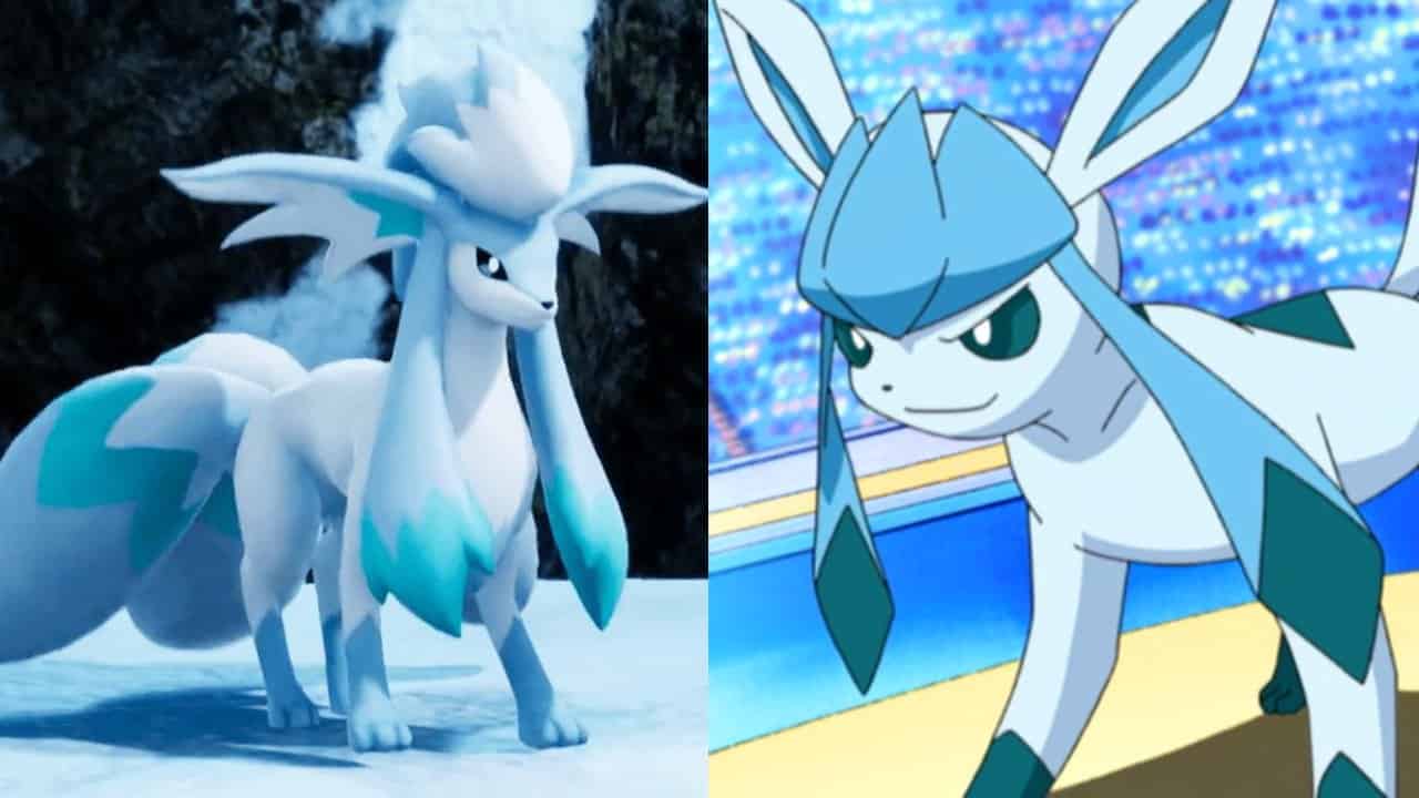 A split image featuring two Pokémon from Palworld: Alolan Ninetales on the left with a snowy backdrop, and Glaceon on the right against a blue background.