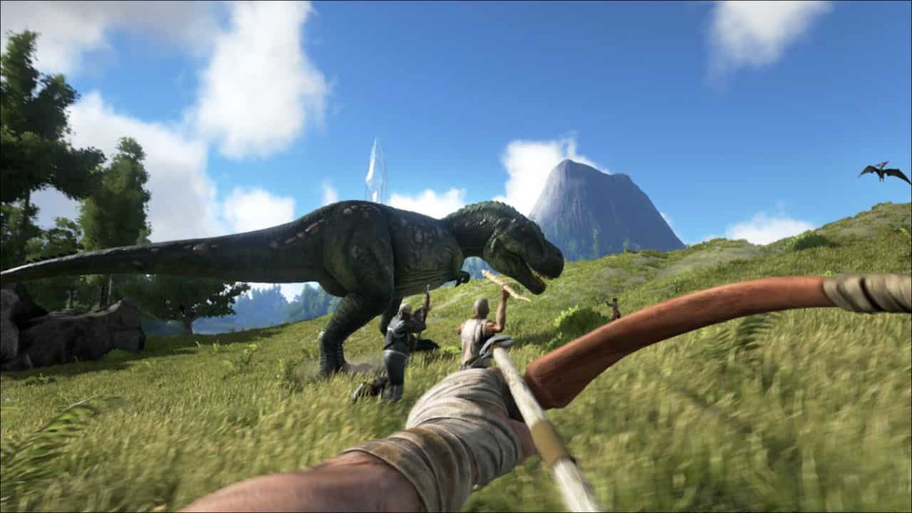 A screenshot of a video game with a dinosaur in the background, similar to Palworld.
