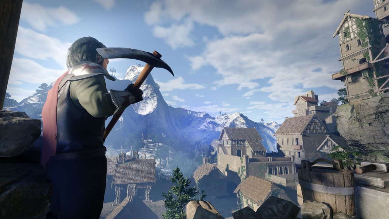 A man with an axe is standing on a cliff overlooking a city, reminiscent of games like Palworld.