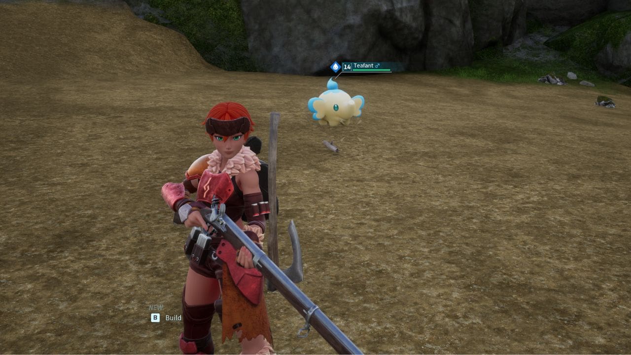Palworld heal yourself: Player standing in arid location with Teafant