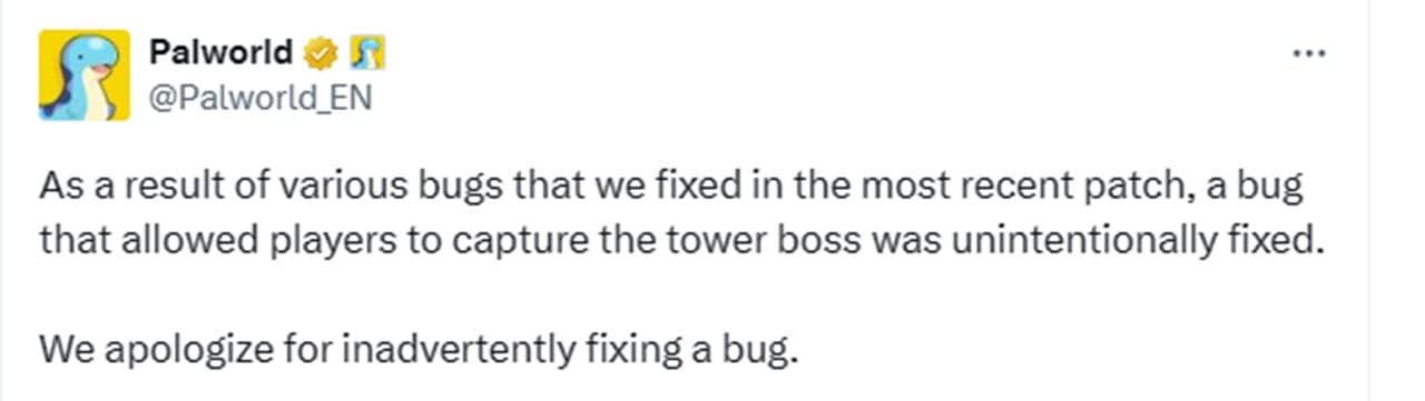 Palworld_EN Twitter apology for fixing bug