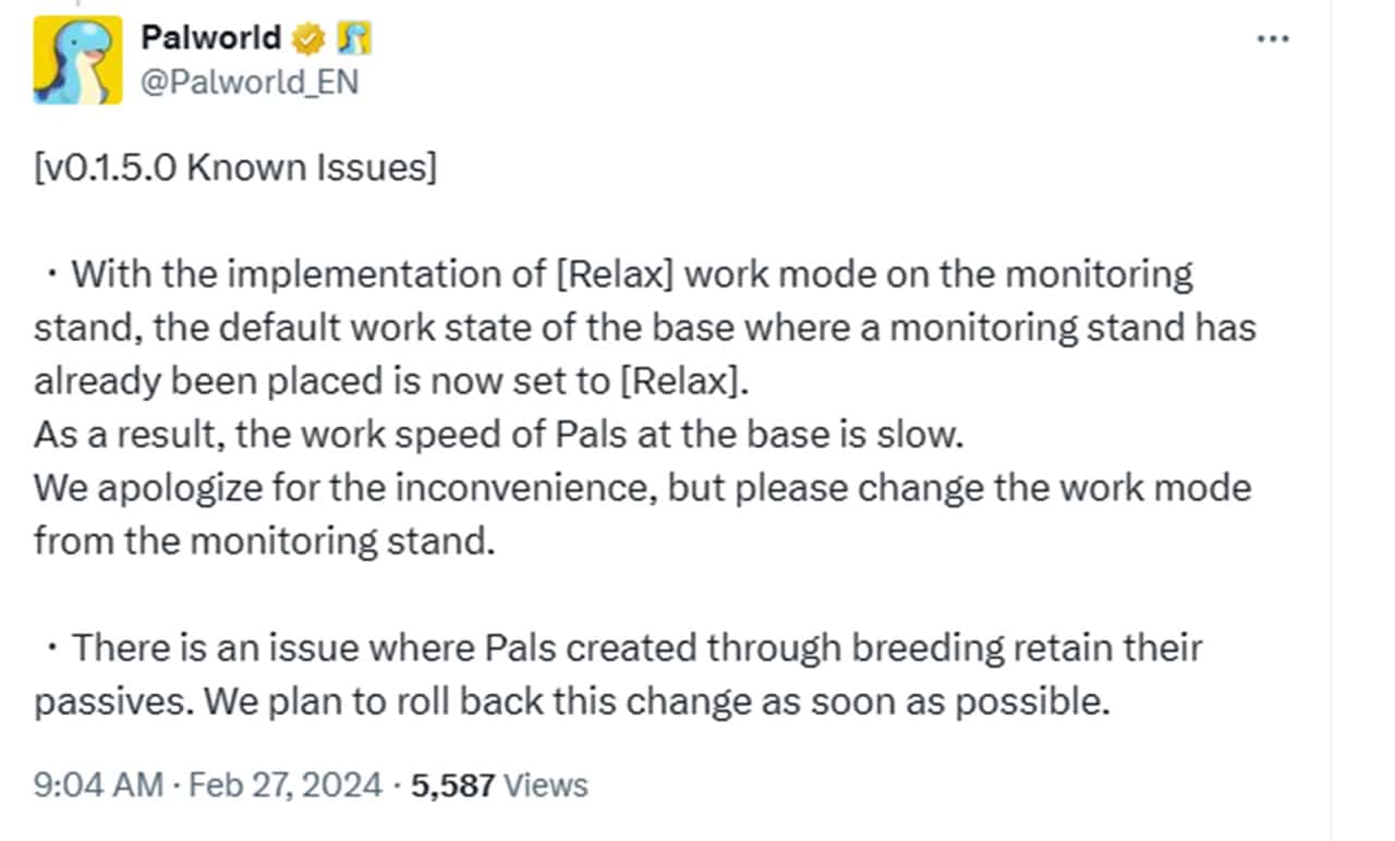 Palworld known issues tweet