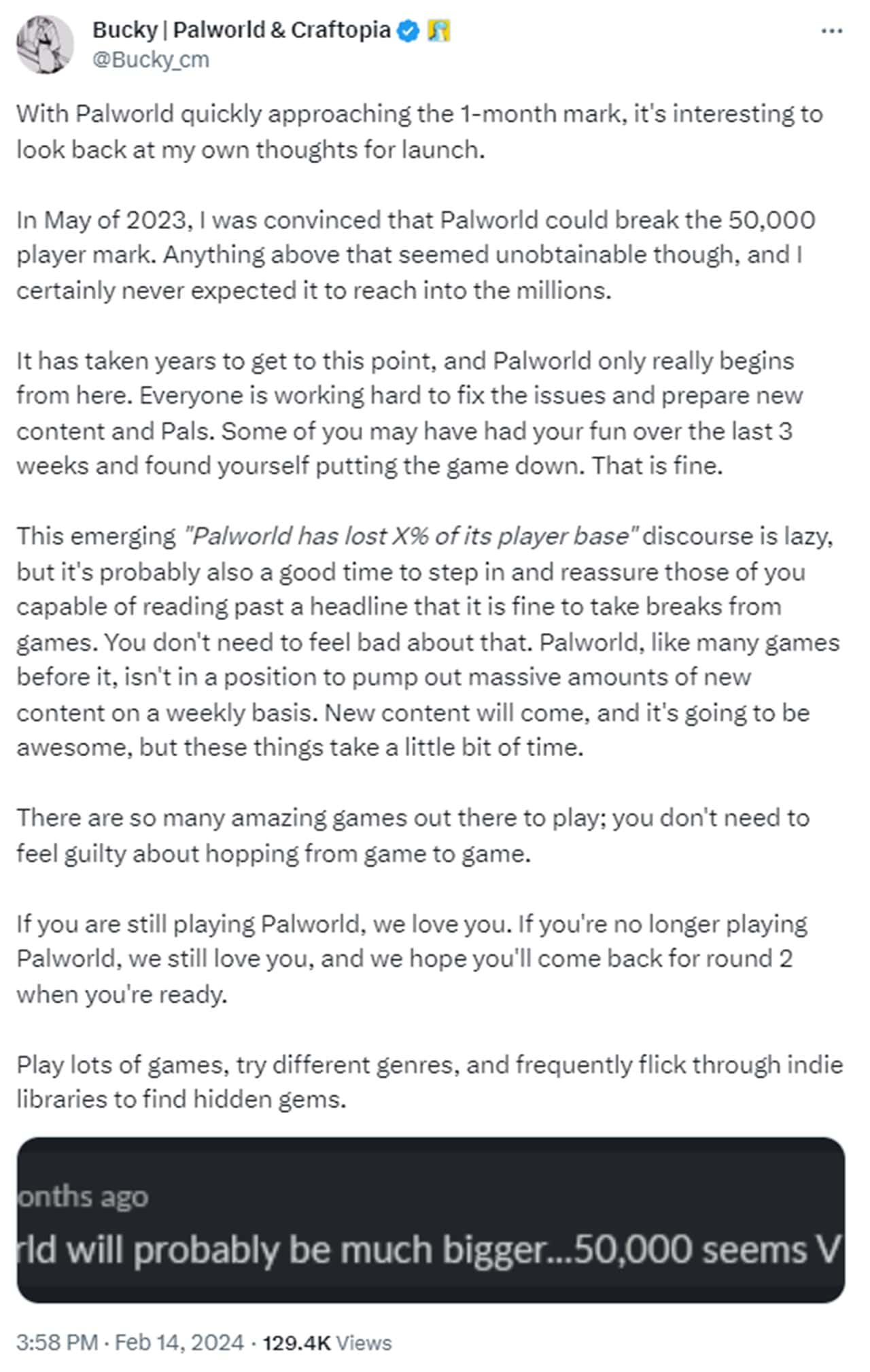Palworld community manager tweet