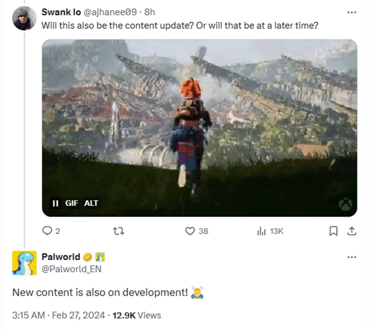Palworld tweet about new content 
