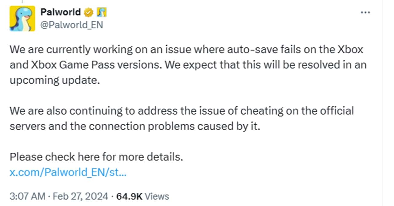 Palworld tweet about Xbox issues