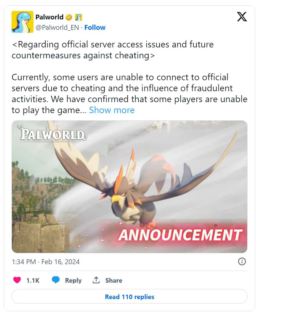 A pokemon tumblr post showcasing an eagle image while Palworld devs declare crackdown on cheaters.