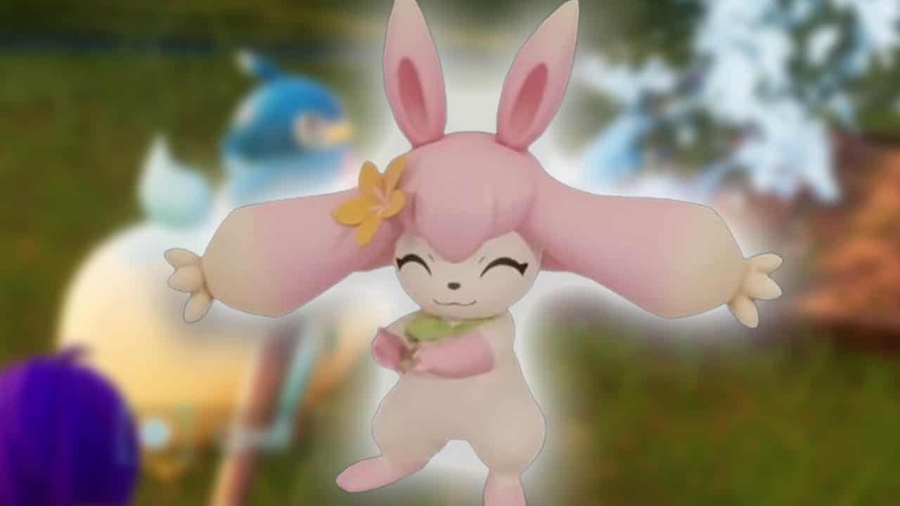 An efficient pink bunny is standing in front of a group of people, demonstrating Palworld farming techniques.
