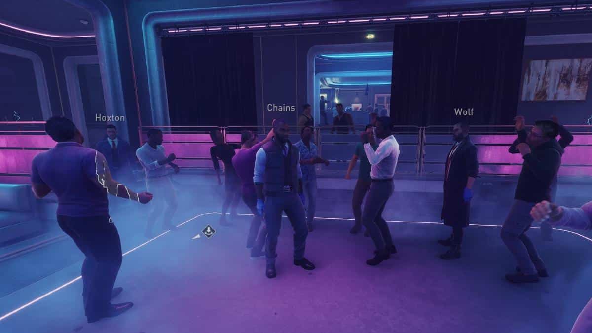 A group of people are dancing in a room with neon lights during a Payday 3 review.