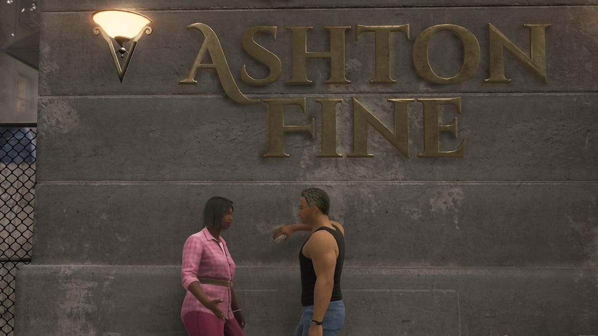 Two people standing in front of a sign that says Ashton Fine, eagerly waiting to take my money for the Payday 3 review.